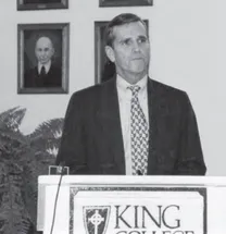 Hugh O. Maclellan Jr. speaking at a King University podium