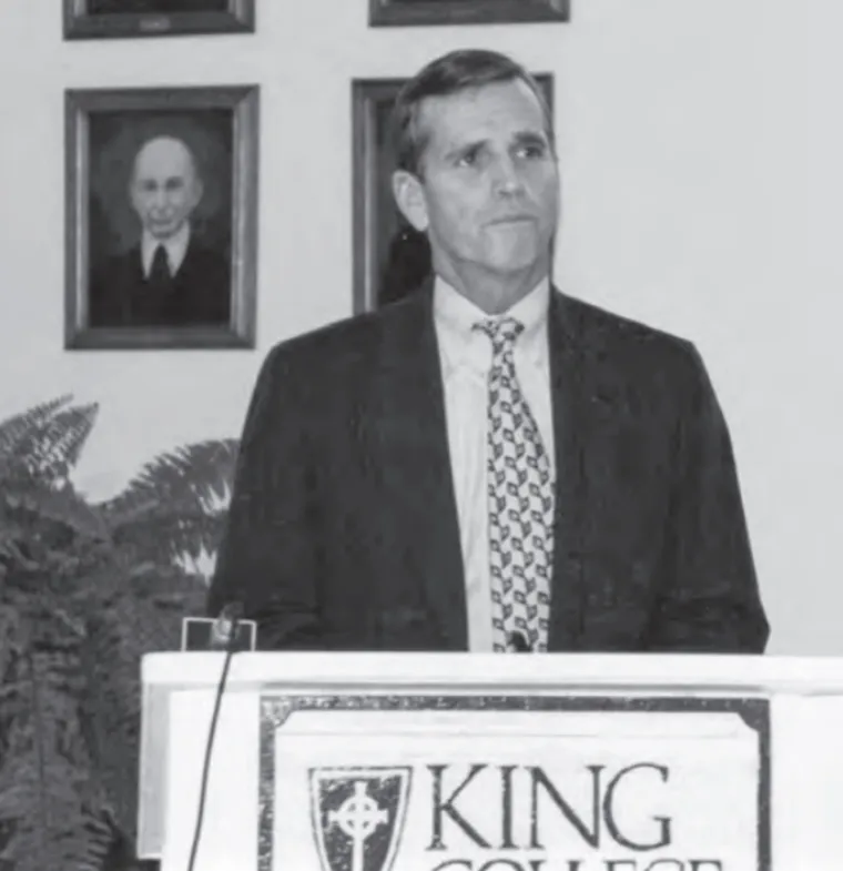 Hugh O. Maclellan Jr. speaking at a King University podium